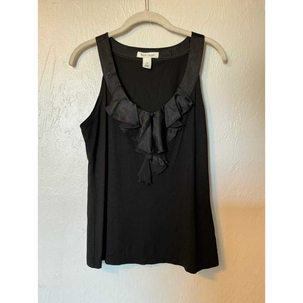 White House Black Market Black Ruffle Neck Satin Trim Sleeveless Tank Top M
